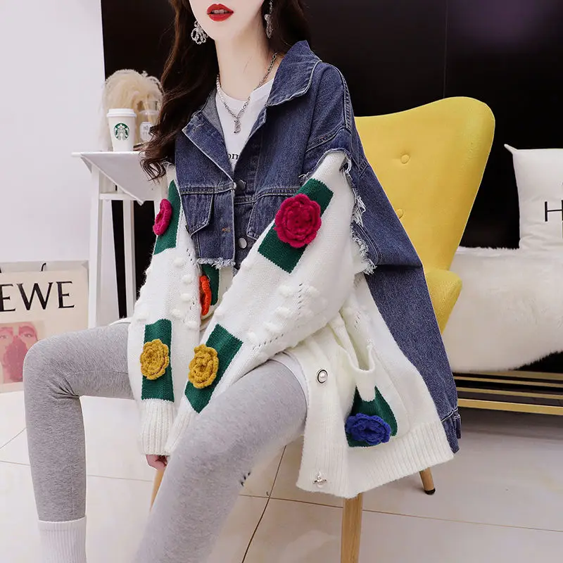 Large size heavy industry denim stitching ladies sweater cardigan loose small flower design knitted jacket autumn new