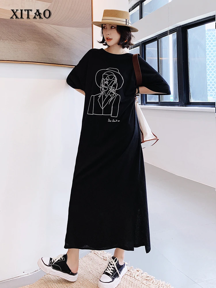 

XITAO/однотонное платье с принтом для женщин, Корея, Новинка лета 2022, модное свободное платье до щиколотки с круглым вырезом и коротким рукавом...