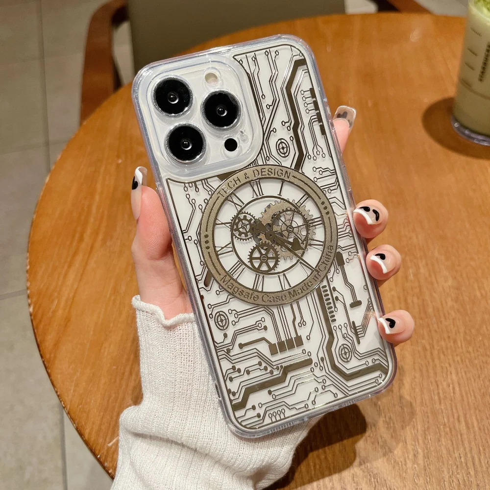 

Transparent Magsafe Cases for iPhone 14 Pro 13 Max 12 Case Shockproof Trendy Mechanical Printed Cover TPU Clear Magnetic Fundas