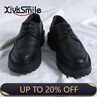 black all match casual leather shoes mens british style niche round toe thick bottom to increase youth trend tooling shoes