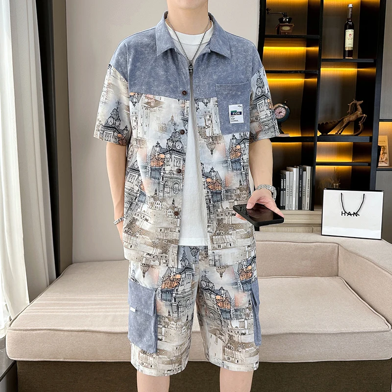Casual 2023 Summer New Shirts And Shorts Men's Sets Hip Hop Streetwear Loose Two Piece Top Tee&Knee-Length Pant Youth Print Suit