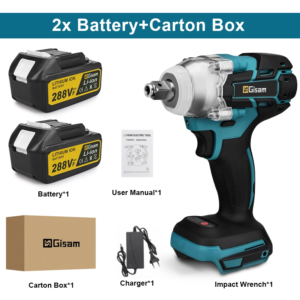 

Аккумуляторный ударный гайковерт Gisam 520N.M 1/2 дюйма для Makita 18В