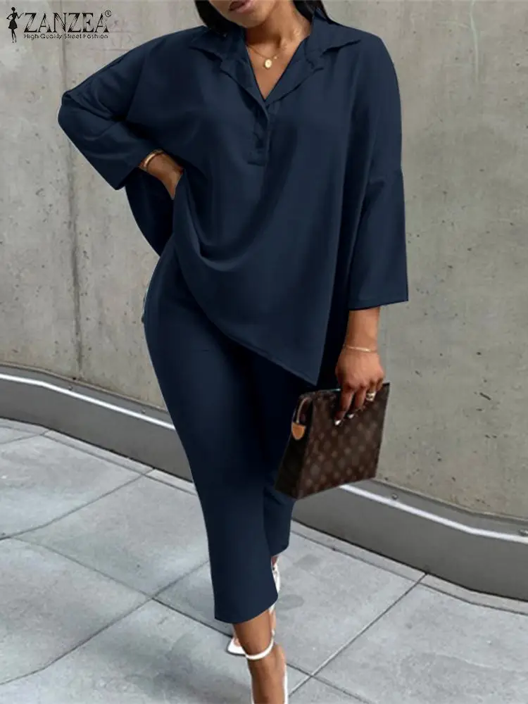 

ZANZEA Women 2pcs Pant Sets Fashion Daily Solid 3/4 Sleeve Tops and Pant Outfits Casual Baggy Long Blouse Pencil Pant Tracksuits