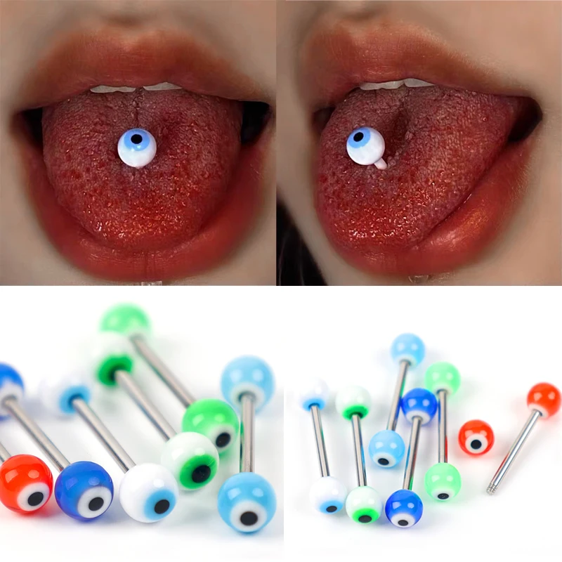 

1pcs Evil Eyes Tongue Rings Bar Rubber Acrylic Piercing Balls Nipple Rings Surgical Steel Barbell Plastic Tongue Rings Jewelry