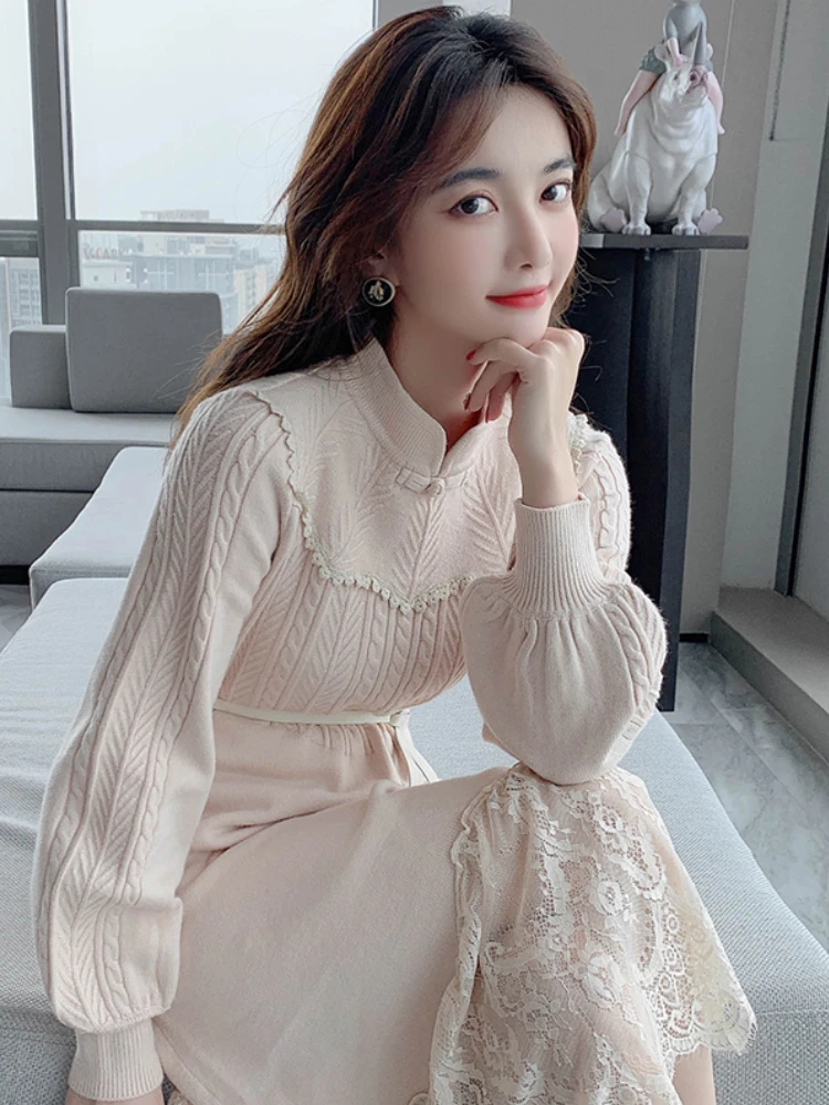 

Maxi Dresses for Women Party Long Sleeve Midi Patchwork Knitted Sweater Dress Lace Stand Collar A-Line Chinese Style Winter 2022