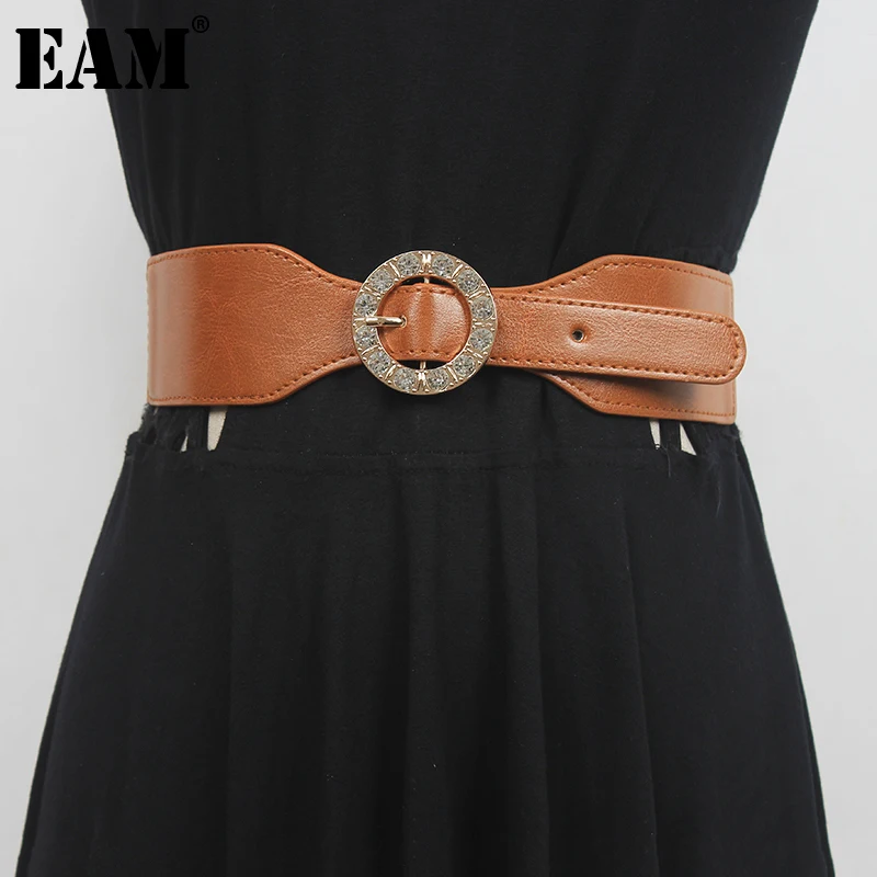 

[EAM] Pu Leather Camel IrregularElastic Wide Belt Personality Women New Fashion Tide All-match Spring Autumn 2023 1DD9492
