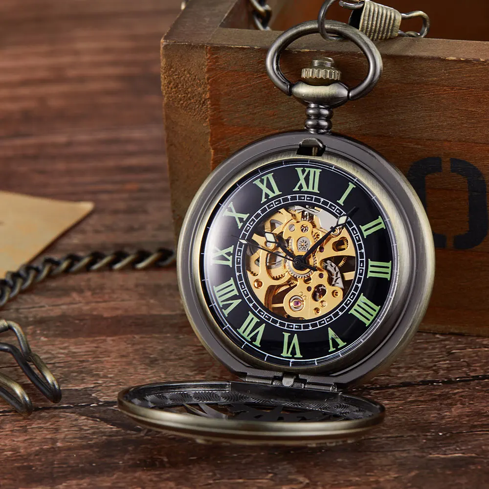 Vintage Steampunk Retro Hollow Gear Movement Mechanical Antique Pocket Watch FOB Pendant Chain Pocket Watch Men Women Boy Clock