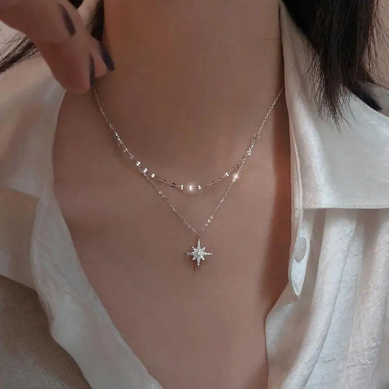 

s925 sterling Silver Star Moon Double Necklace Women Clavicle Chain Shiny Diamond Fashion Jewely Accessories