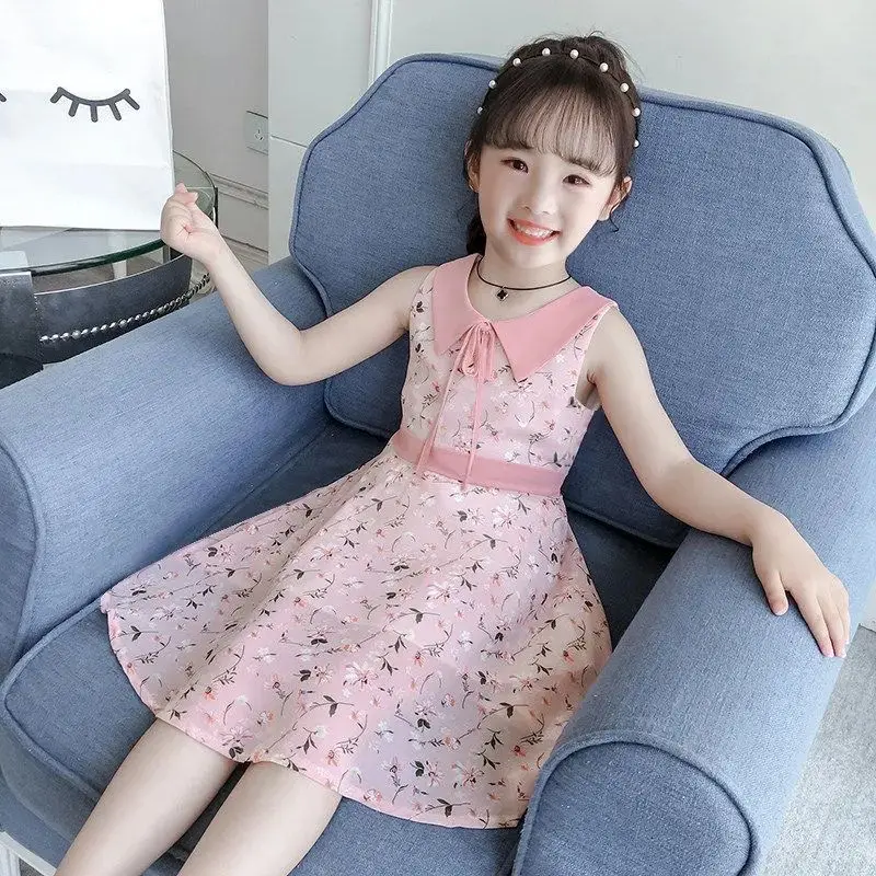 

Dress Summer 2023 for Kids Girl Chiffon Princess Dresses Medium Large Children's Fashionable Floral Trend Cool Breathable Dress