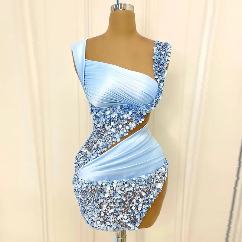 

Light Blue Sexy Glitter Short Party Dresses Sleeveless Sequins Sparkly Women Mini Evening Cocktail Gowns Custom Made Plus Size