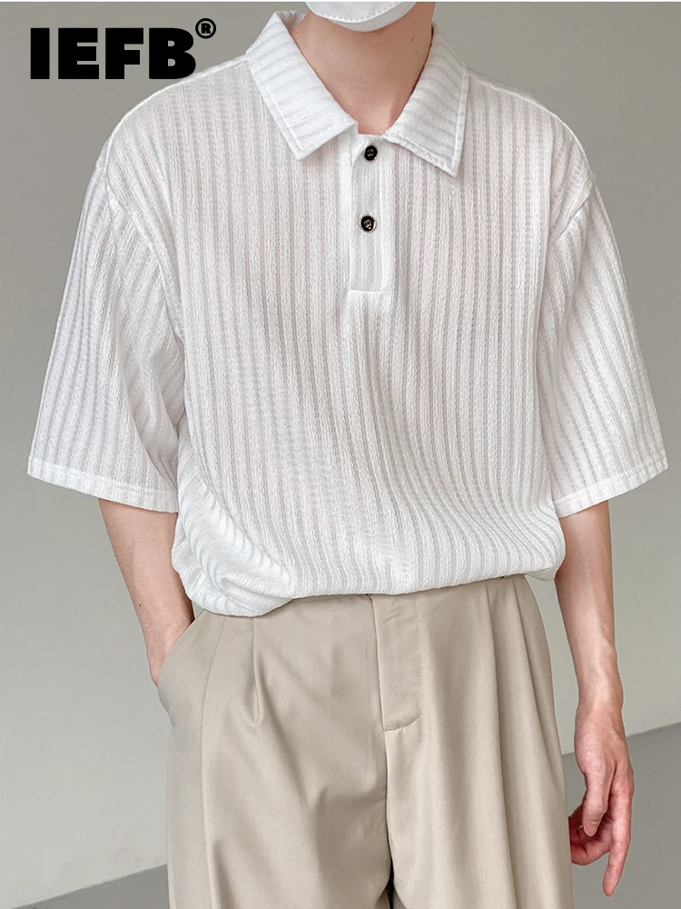 

Футболка IEFB мужская с отложным воротником и коротким рукавом, модная однотонная деловая Повседневная люксовая рубашка свободного покроя, л...