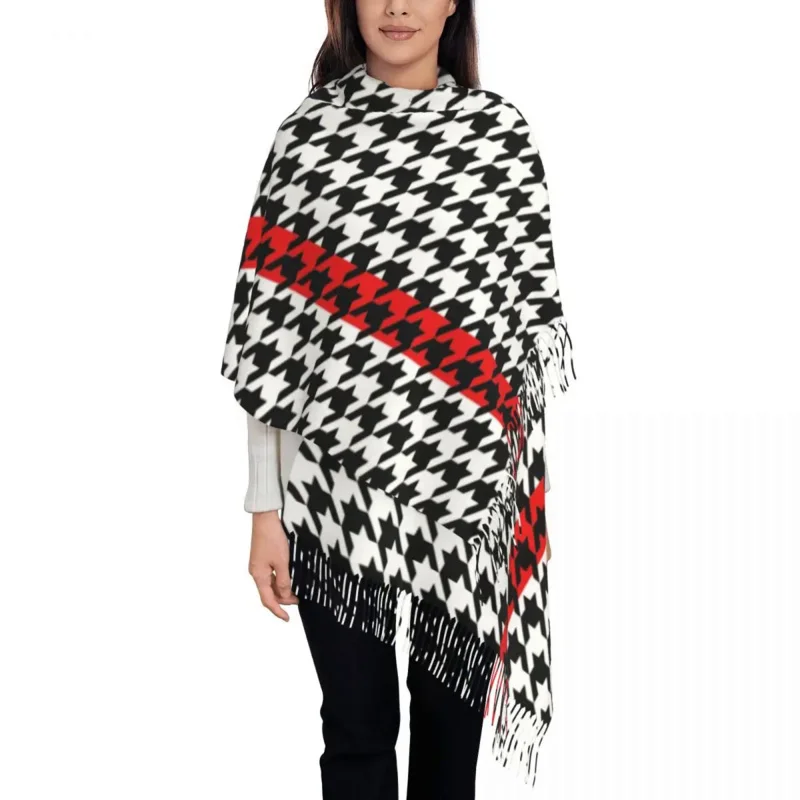 

Ladies Large Houndstooth Pattern With Red Accent Stripe Scarves Winter Thick Warm Tassel Shawl Wraps Puppy Tooth Classic Scarf