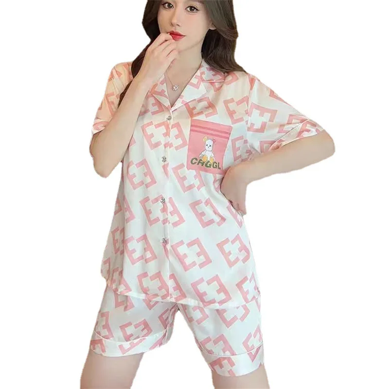 2023 New Summer Ice Silk Women's Pajamas, Short Sleeved and Shorts Set, Fashionable Celebrities Thin Popular Style Sleepwear