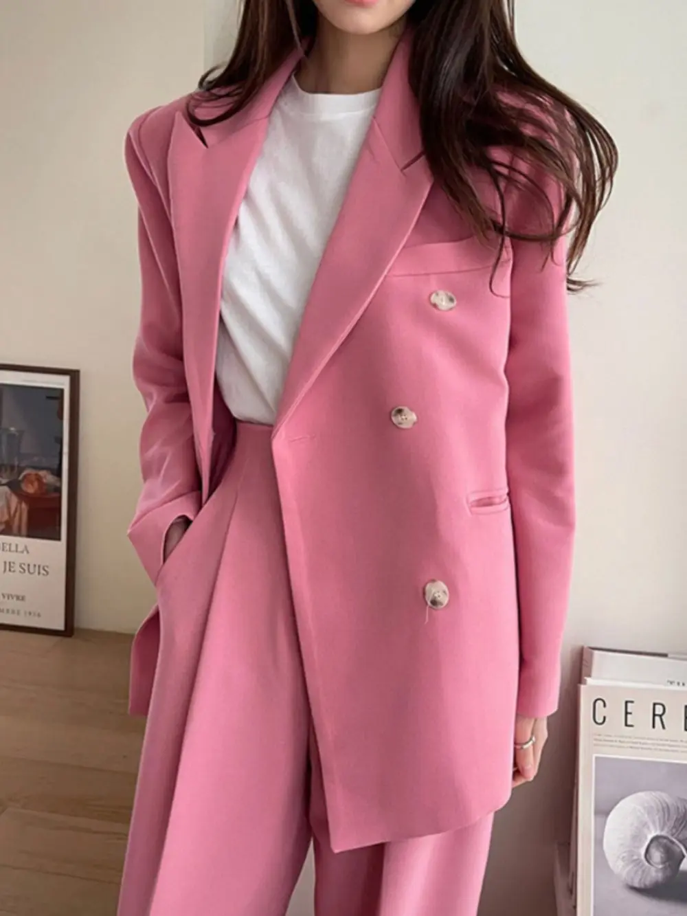 Korean Fashion Spring Autumn Women Pants Set Pink Loose Blazer Office Duble Breasted Suit Jackets Casual Pantsuit Female 2 Piece
