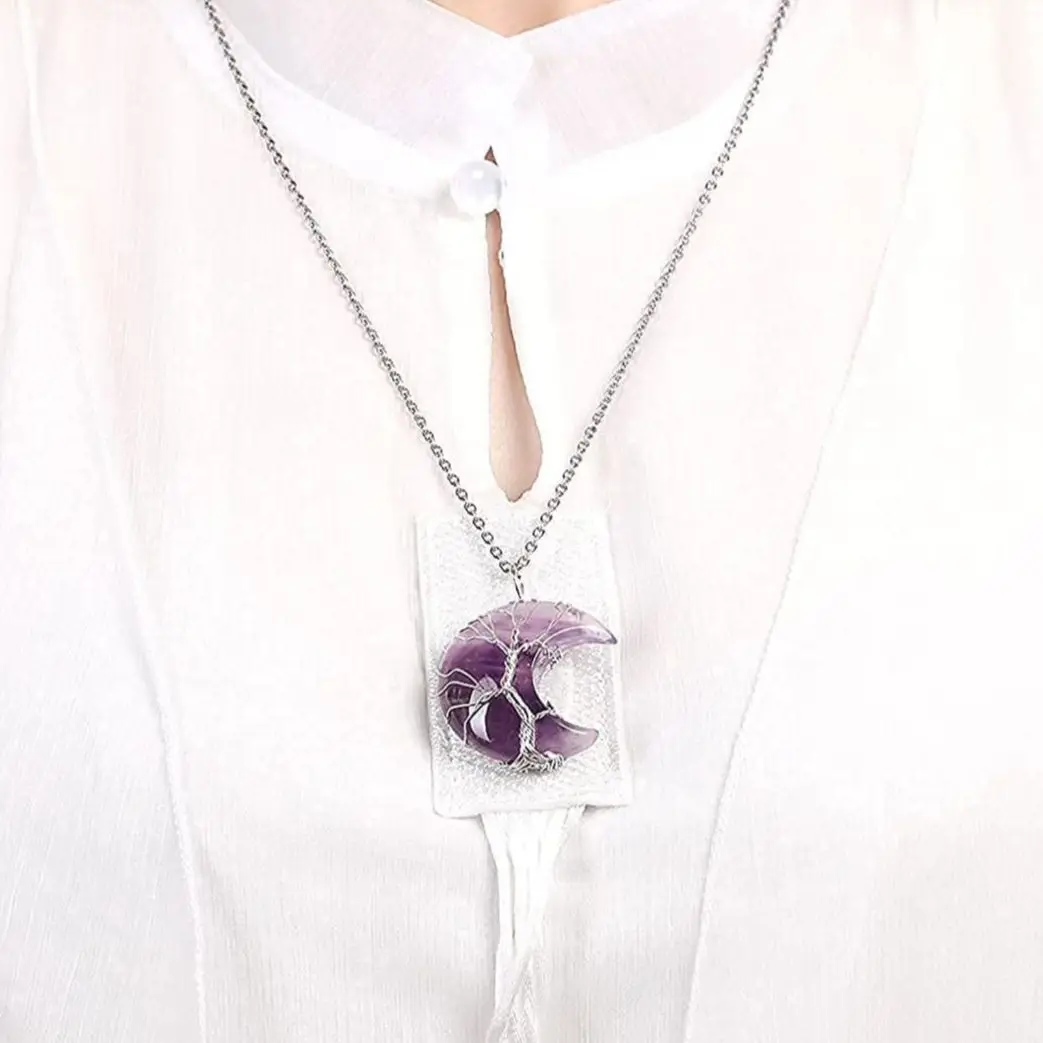 

Natural Stone Amethyst Moon Tree of Life Pendant Fortune Tree Crystal Diy Necklace Gothic Jewelry Gift for Friend Love Symbol