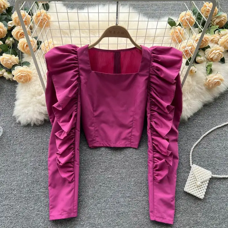 

Женская блузка с длинным рукавом, однотонная Тонкая блузка с квадратным вырезом и оборками, весна-осень 2022