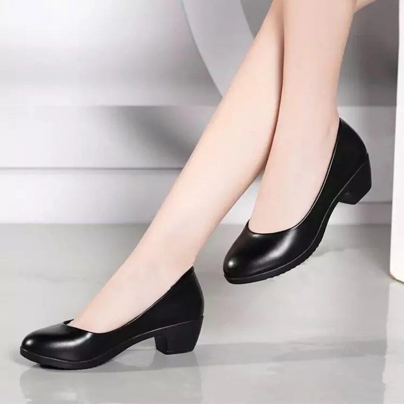 Pumps for Women High Heel PU Leather Black Shoes Square Heels Pumps Office Ladies Shoes Zapatos De Mujer Fashion Design Sexy