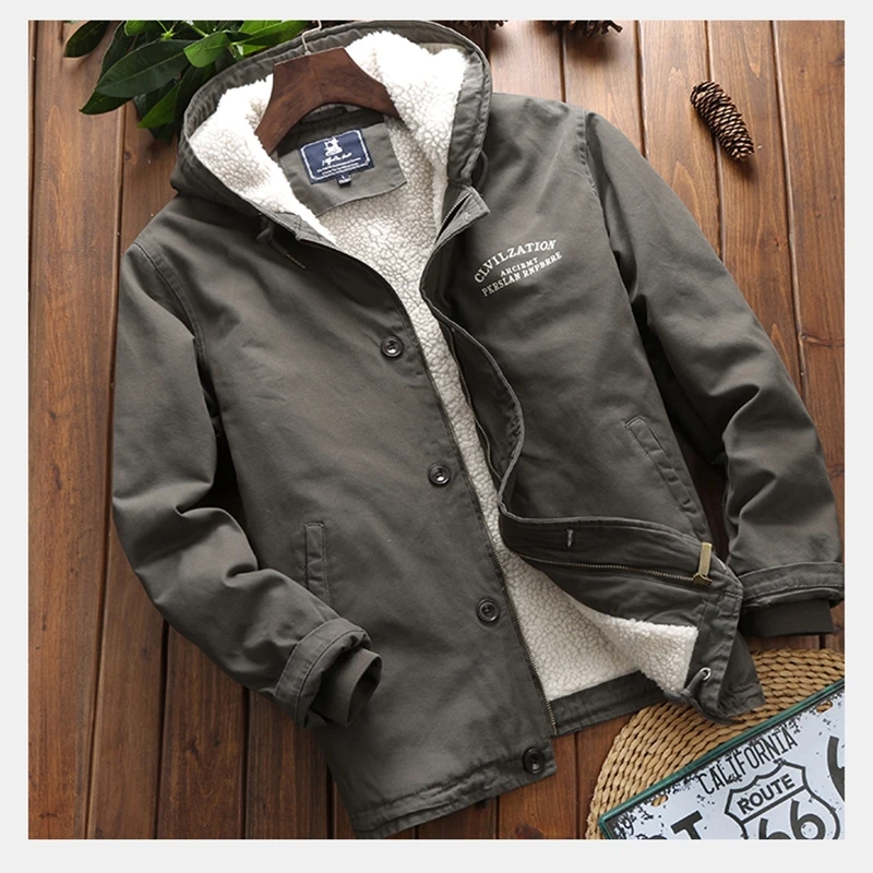 

Autumn and Winter Thicken Warm Cotton Padded Coats Men's Lamb Wool Hooded Oversized Outerwear Male Plus Velvet Padded Jackets