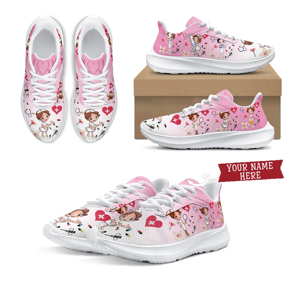 

INSTANTARTS Kawaii Pink Nurse Girls Cartoon Pattern Mesh Sneakers for Women Breathable Lace-up Running Cushion Shoes Customized