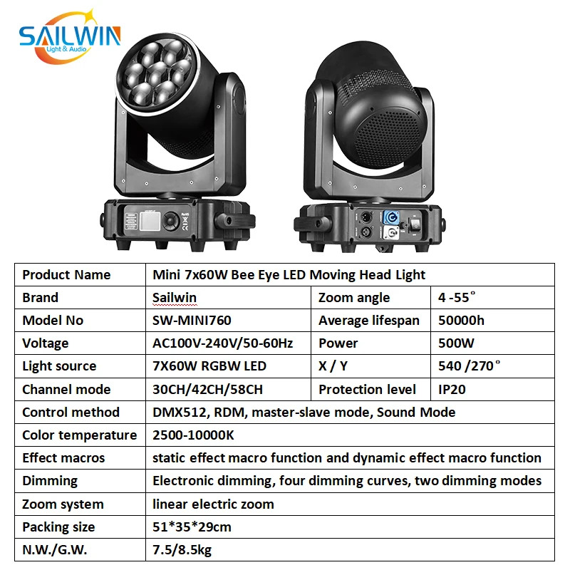 Фото Оптовая продажа светодиодных вращающихся головок Pixel Effect Mini 7X60W Bee Eye Zoom для дискотек, клубов, мероприятий и сценического освещения №4