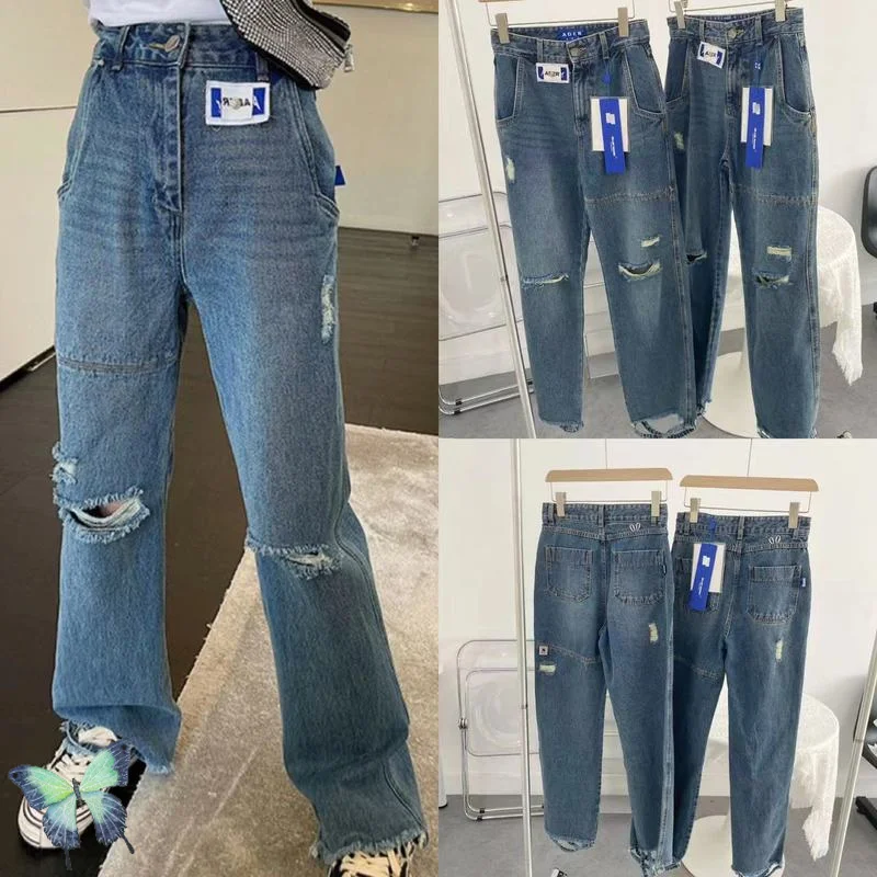 

Женские рваные джинсы с высокой талией, прямые синие джинсы