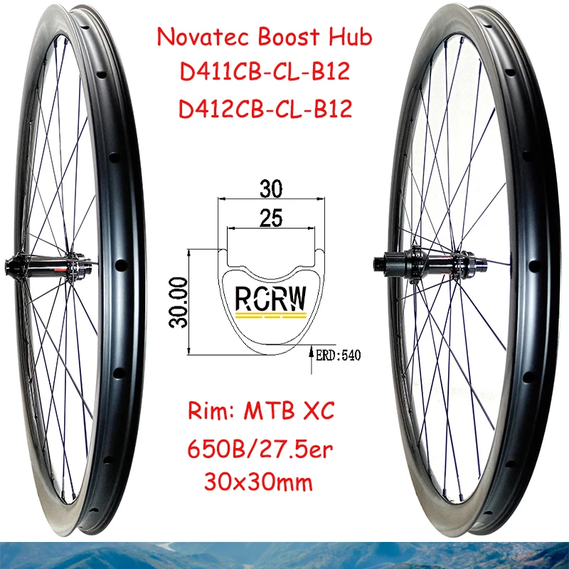 Фото Комплект колес 650B/27.5er MTB XC 30 х30 мм, карбоновый обод 24H 30 Wide 30 Deep Novatec №1