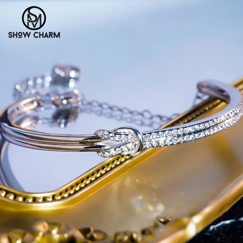 

S925 Sterling Silver Cuff Bangle Bracelet Double Row 5A Zircon Bowknot Bracelet Luxury Adjustable Fine Jewelry for Women Cute