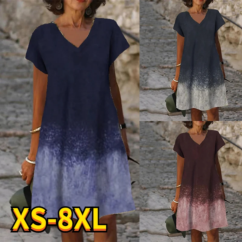

2022 Summer Women's Abstract Gradient Printed Painting Dress V Neck Knee Length 3D Printed Dresses New Design Tops 8XL