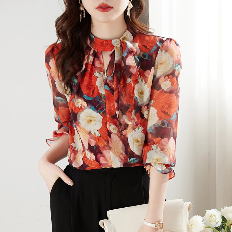 

Chiffon Shirt for Women Summer 2023 New In French Floral Printed Blouses Casual Loose Long Sleeve Fashionable Top Bow O-neck