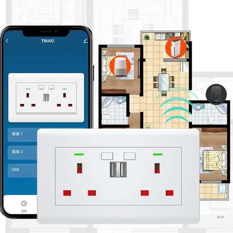 

WiFi Wall Outlet 13A Divided Control 2 in Wall Socket with USB Interface- Smart-- Life British Standard Wall Socket