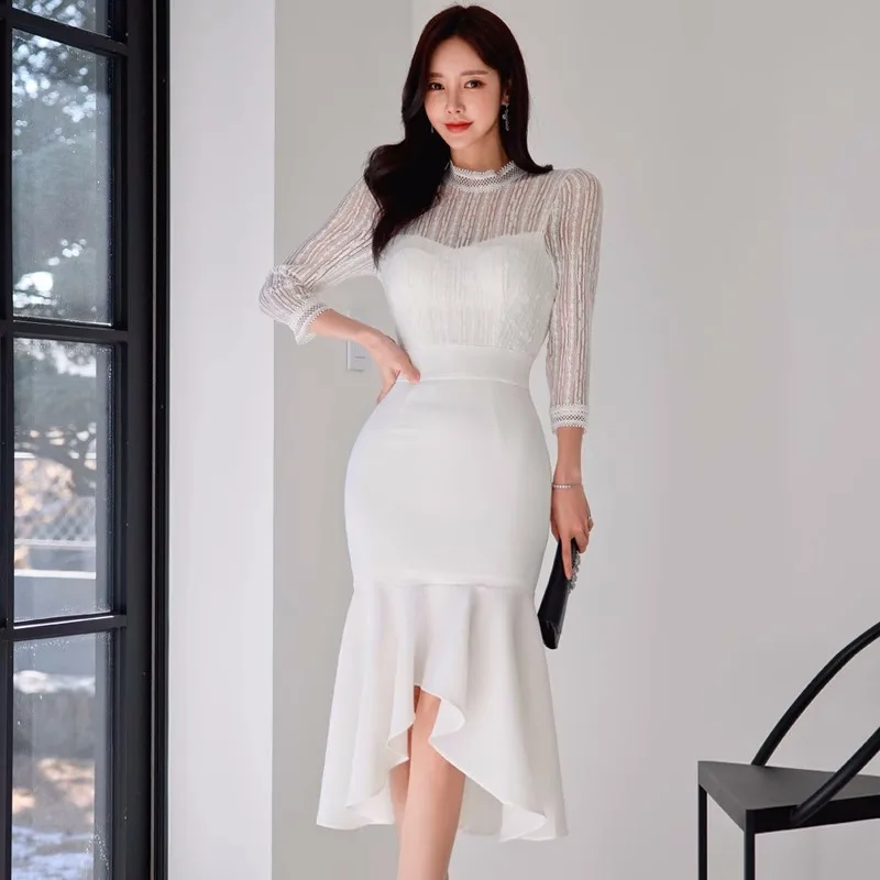 

2023 Formal Dress Elegant White Hollow Lace Stitching Fishtail Sleeve Dress Spring Autumn Slim Bodycom Party Office Dress