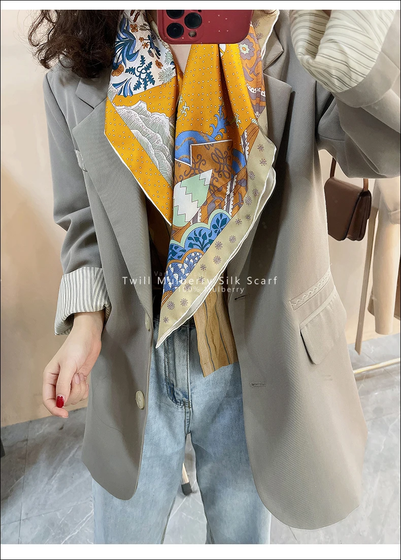 Шелковый шарф с закатанными краями 90*90 см квадратные шарфы из Твила тутового