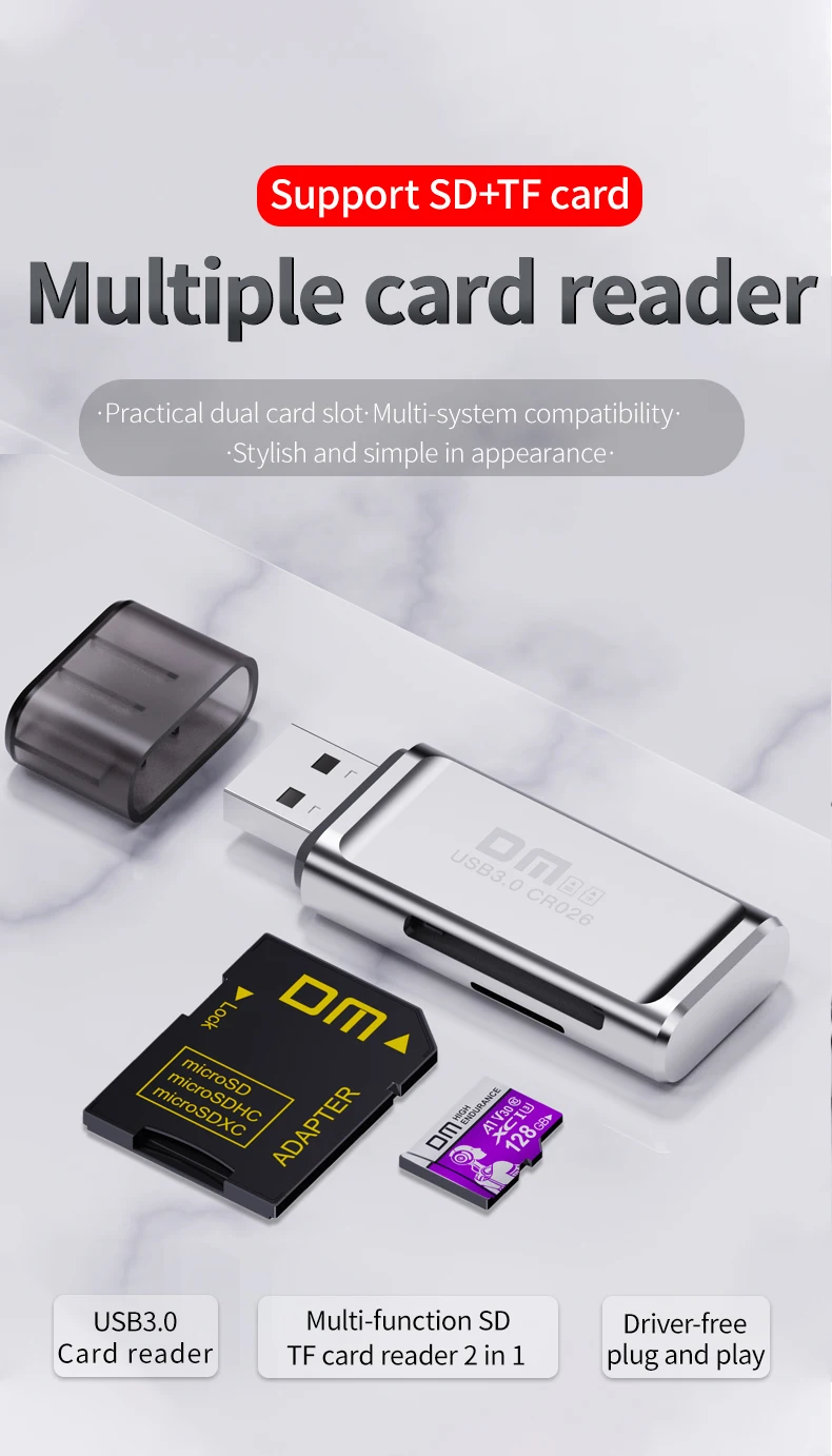 Многофункциональный кардридер DM CR026 2 в 1SD/TF с USB-портом