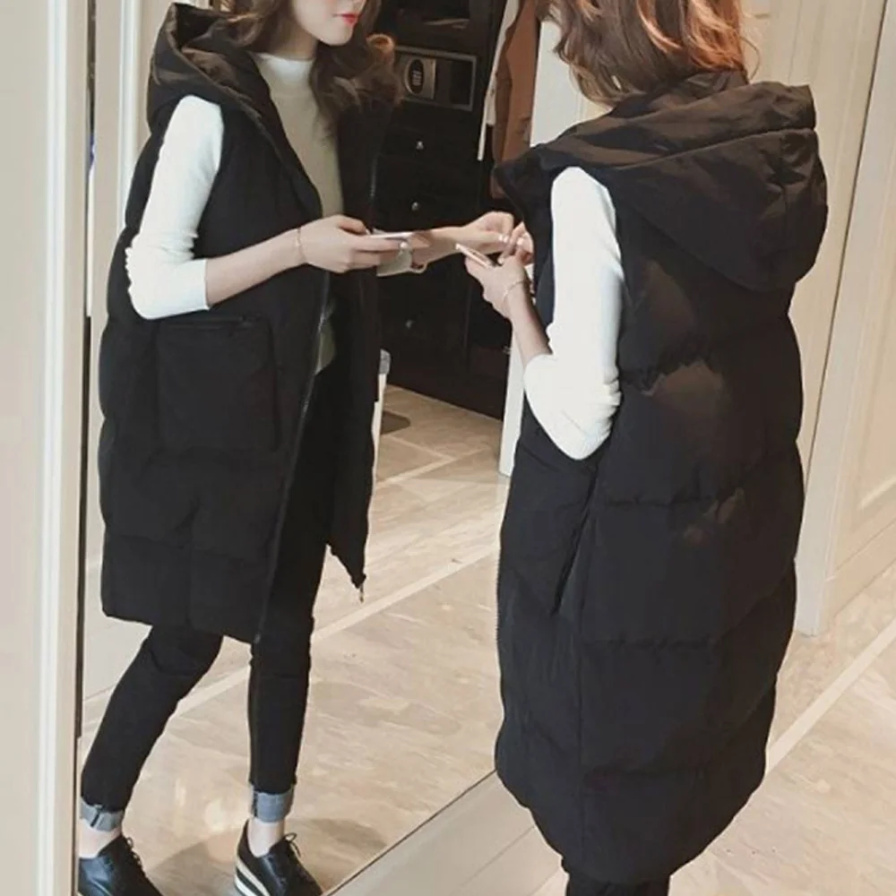 

Осенне-зимний женский жилет, длинный пуховик, хлопковая куртка, свободная куртка оверсайз, куртка без рукавов с капюшоном и карманами