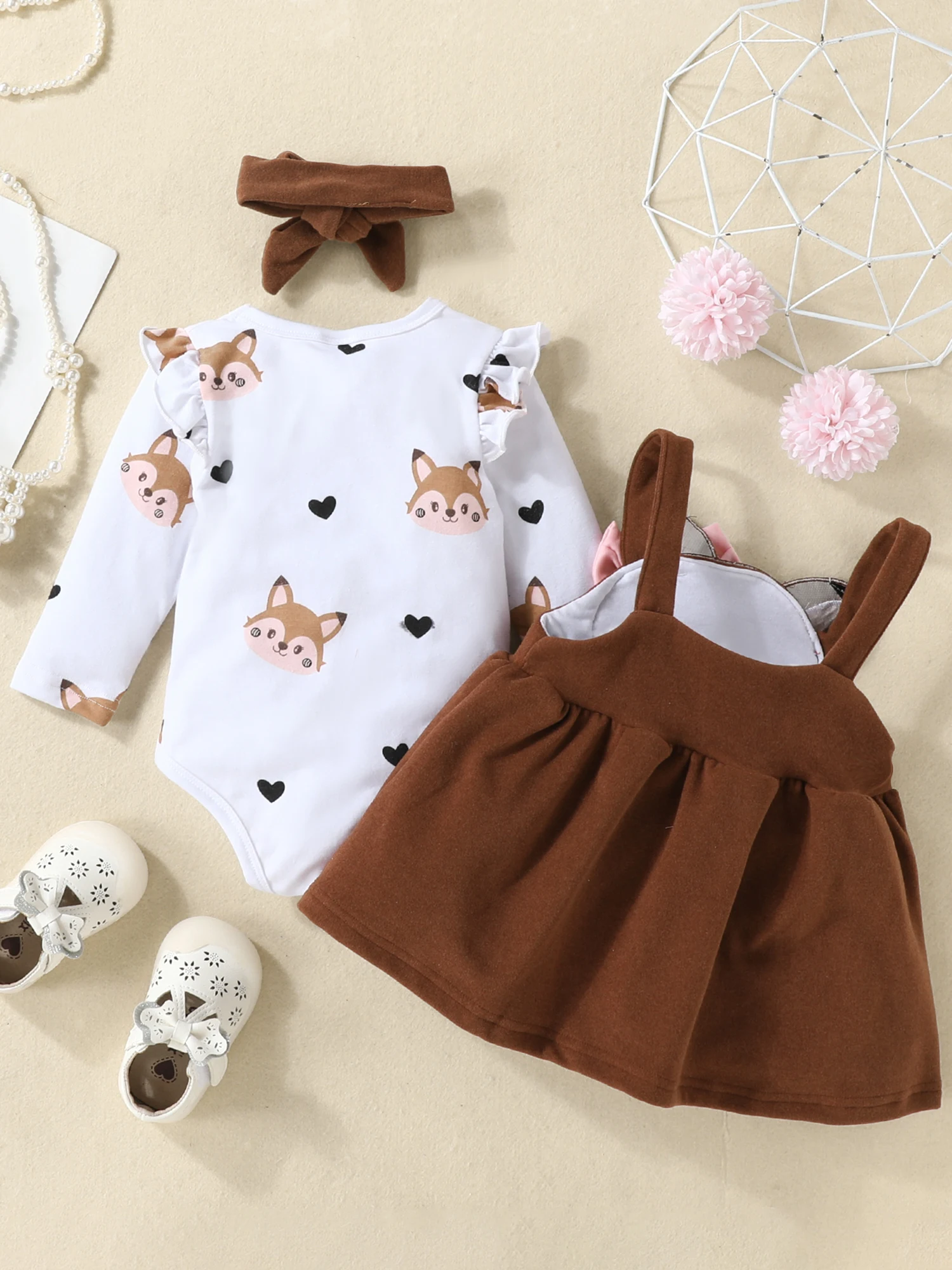 Infant Baby Girl Autumn Clothes Long Sleeve Ruffle Romper and Fox Print Suspender Skirt Headband Sets (Pink 9-12 Months)