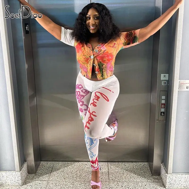 

Soefdioo Floral Print Mesh 2 Piece Set Women Short Sleeve Button Up Tops and Leggings Suits Sexy Party Outfits Clothing Trending