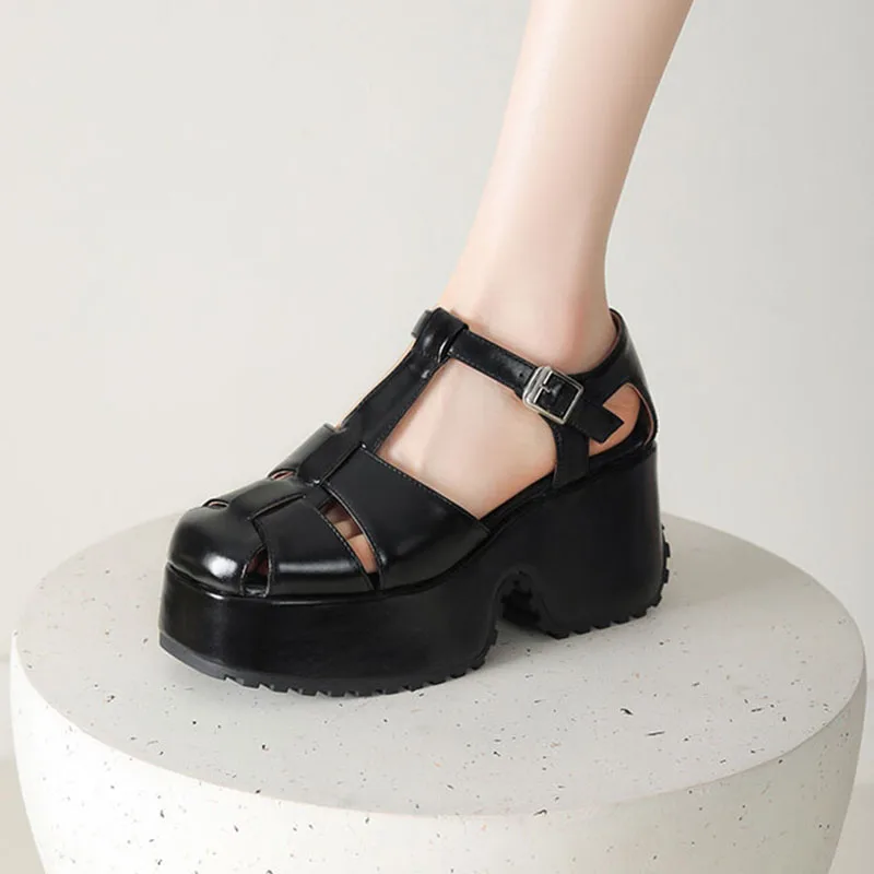 Женские сандалии на платформе Phoentin 2024 с Т-образным ремешком закрытый носок