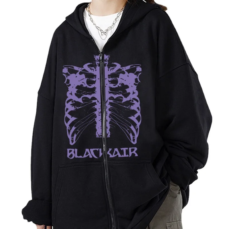 

Y2K Vintage Skeleton Print Hoodie Aesthetics Harajuku Grunge E-girl Gothic Emo Alt Clothes 2000s Retro Zipper Loose Sweatshirt