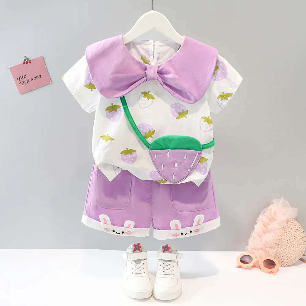 

Baby Girl's Summer Suit Little Princess Two-Piece Children's Lapel Short-Sleeved T-shirt Girls' Summer Clothes Children's Wear