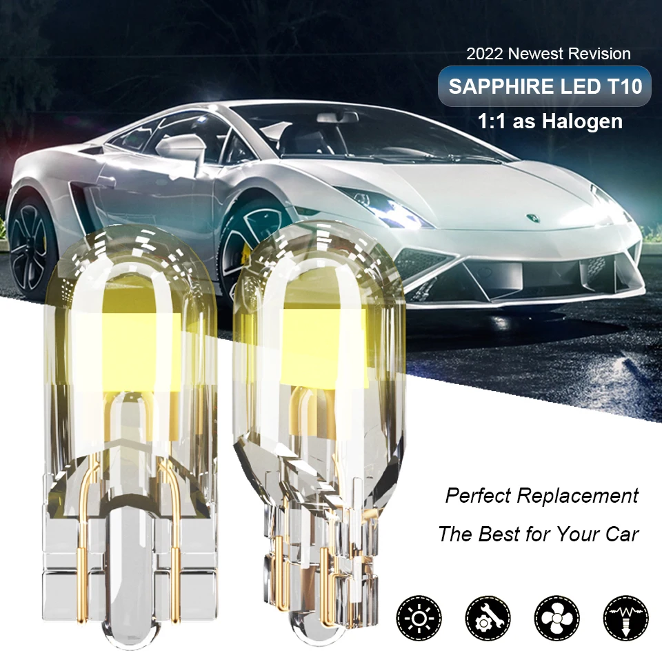 

2x T10 LED W5W Car Light 2022 Newest Sapphire COB Glass Lamp Bulb Auto Accessories Drive-free Wedge Turn Door Reading 12V 6000K