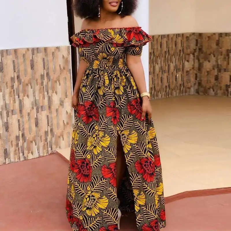 

Summer Off Shoulder Dress VONDA 2022 Bohemian Women Printed Long Maxi Dress Vintage Flare Sleeve Baggy Vestido Oversized Femme