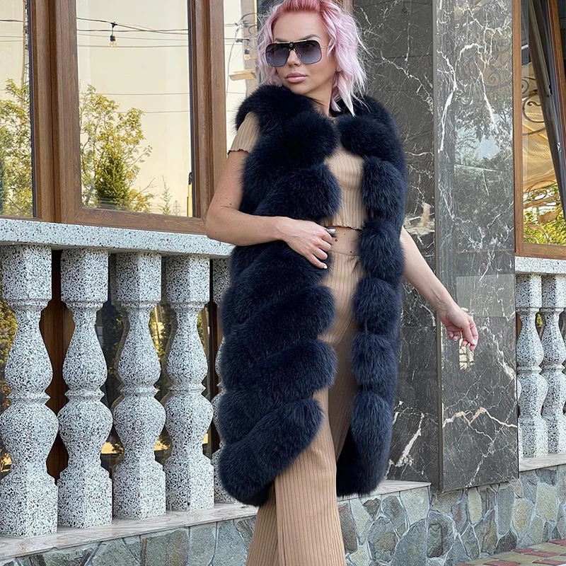 Horizontal Stripes Sleeveless Fox Fur Vest Coat Women Autumn Winter New Streetwear Luxury Genuine Fox real Fur Jacket Female