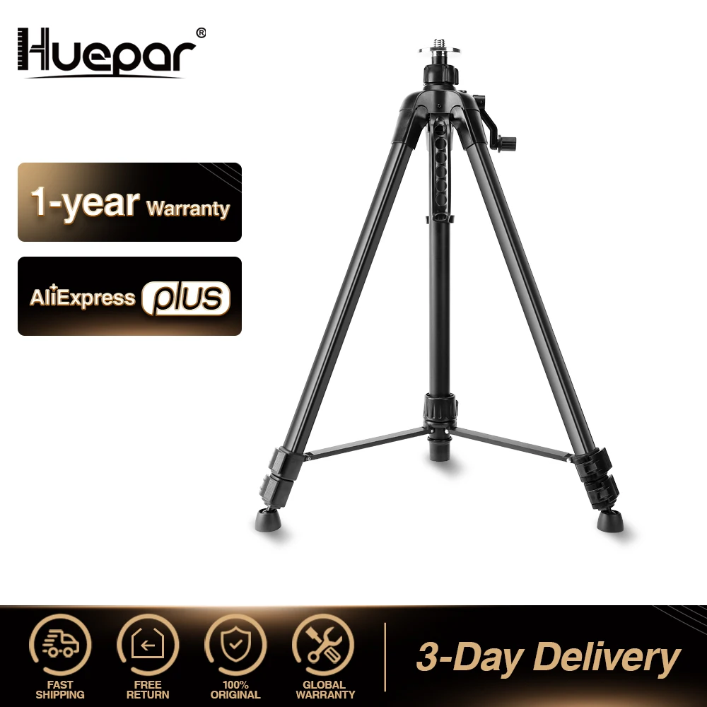 Huepar 1.6M Laser Level Tripod Aluminum Flat Head Adjustable Height Tripod Stand with Handle Bubble for Self leveling Level
