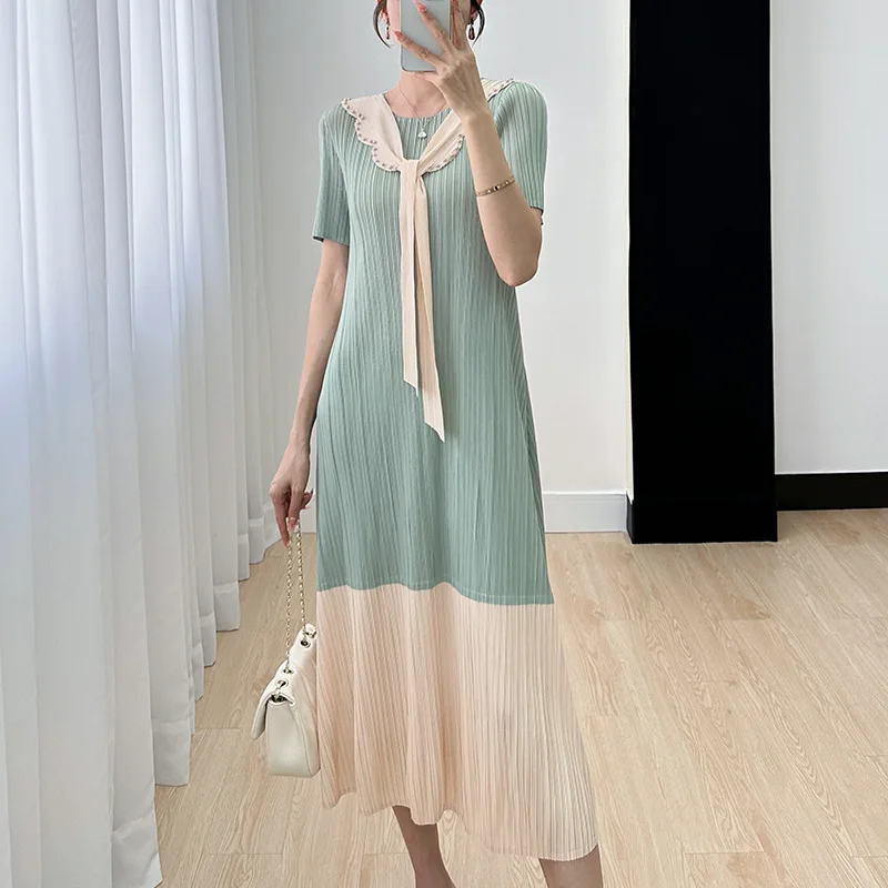 

Женское плиссированное платье миаке, свободное ТРАПЕЦИЕВИДНОЕ ПЛАТЬЕ средней длины с соединением внакрой, платье для лета, 2023