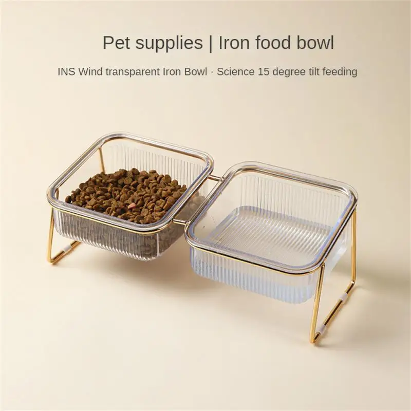 

Easy To Clean Drinking Cat Grain Bowl Transparent Protects Cervical Neck Pet Bowl Oblique Mouth Cats Plates Stand Rose Gold