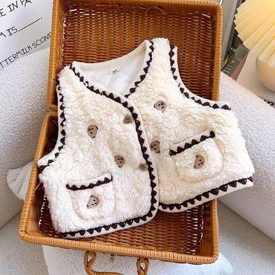 

Зима 2023, милый флисовый жилет для девочек с вышивкой и медведем, детский плотный теплый жилет для малышей