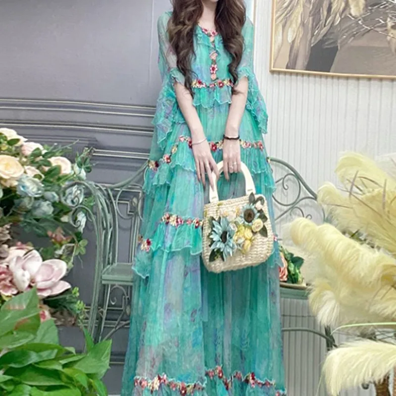 Женское платье Новое шифоновое Свободное длинное зеленое стройнящее