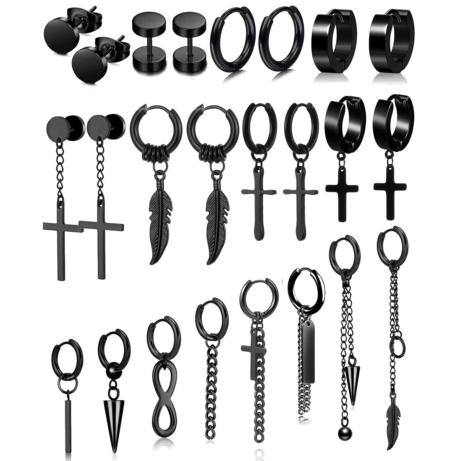 

WKOUD 2-24 Pcs Stainless Steel Dangle Stud Earrings for Men Women Hinged Hoop Long Chain Kpop Earrings Punk Earrings Set Black