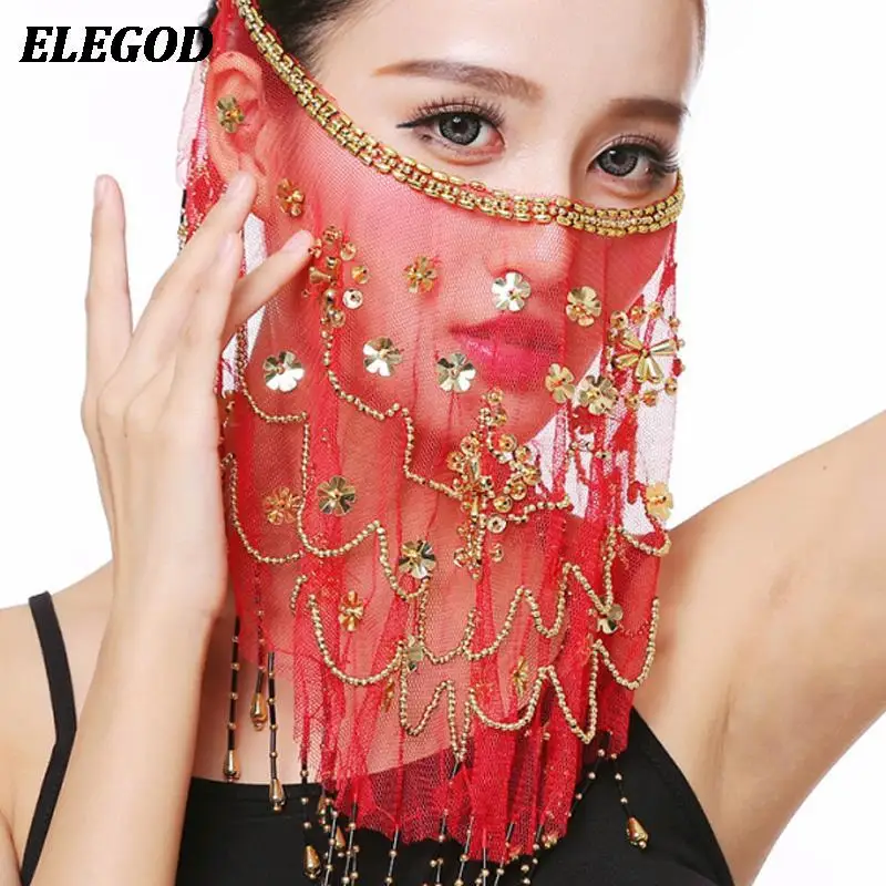 

Women Belly Dance Face Veil Female Indian Dance Suit Accessories Lady Sequin Face Tribal Masquerade Mask Wrap Scarf Tassel Mask