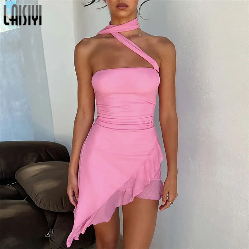 

LAISIYI Ruffles Pink Dress Woman Halter Neck Strapless Mini Bodycon Black Summer New Sexy Backless Sleeveless Club Party Dresses